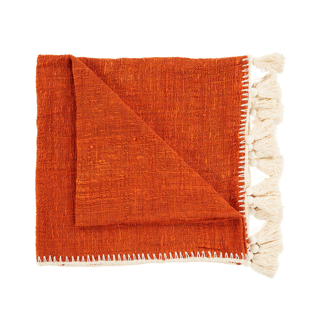 Jeté de lit Stitch en coton terracotta surjeté écru 126 x 246 cm