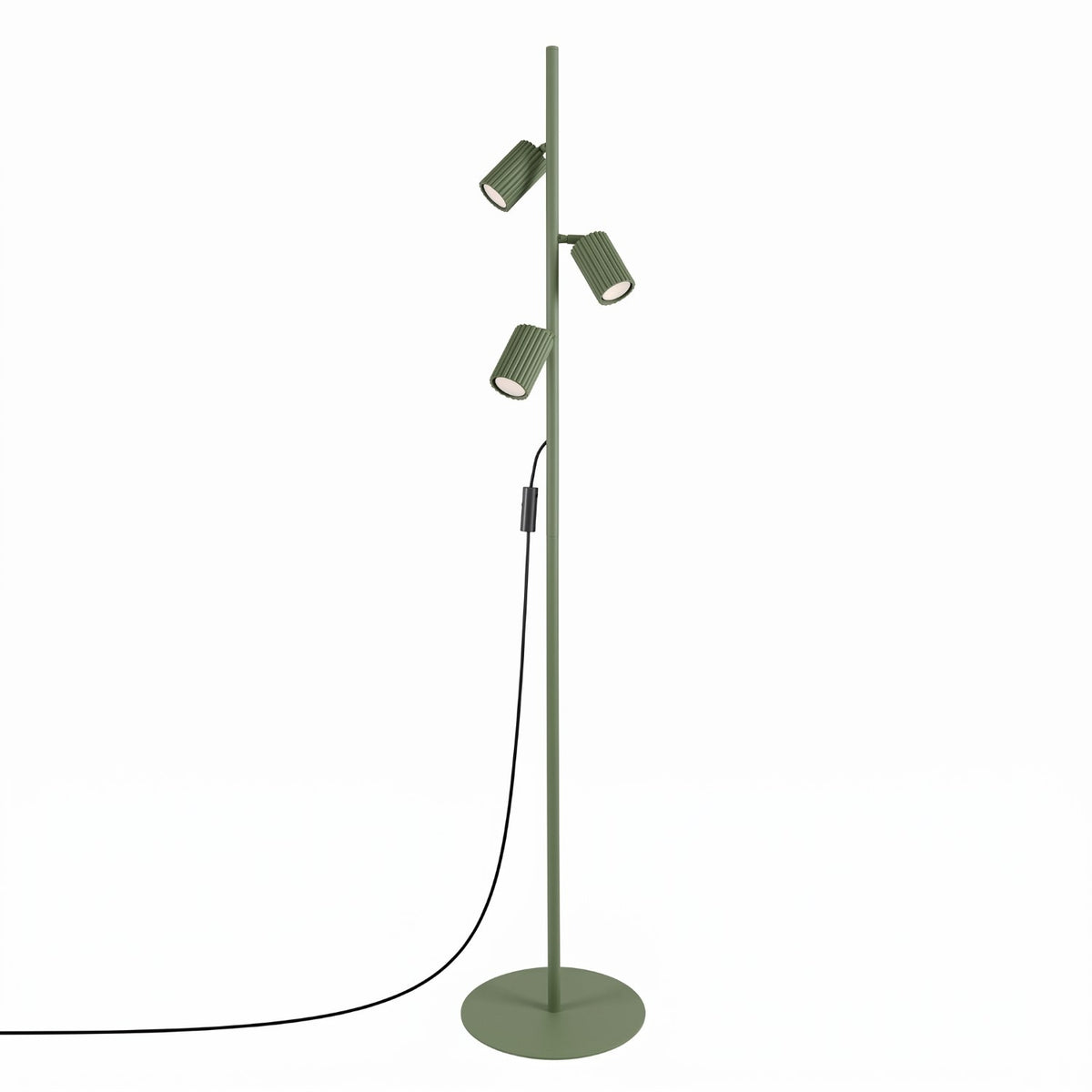 Lampadaire Karbon laque vert olive à trois spots cannelés orientables sur fond blanc