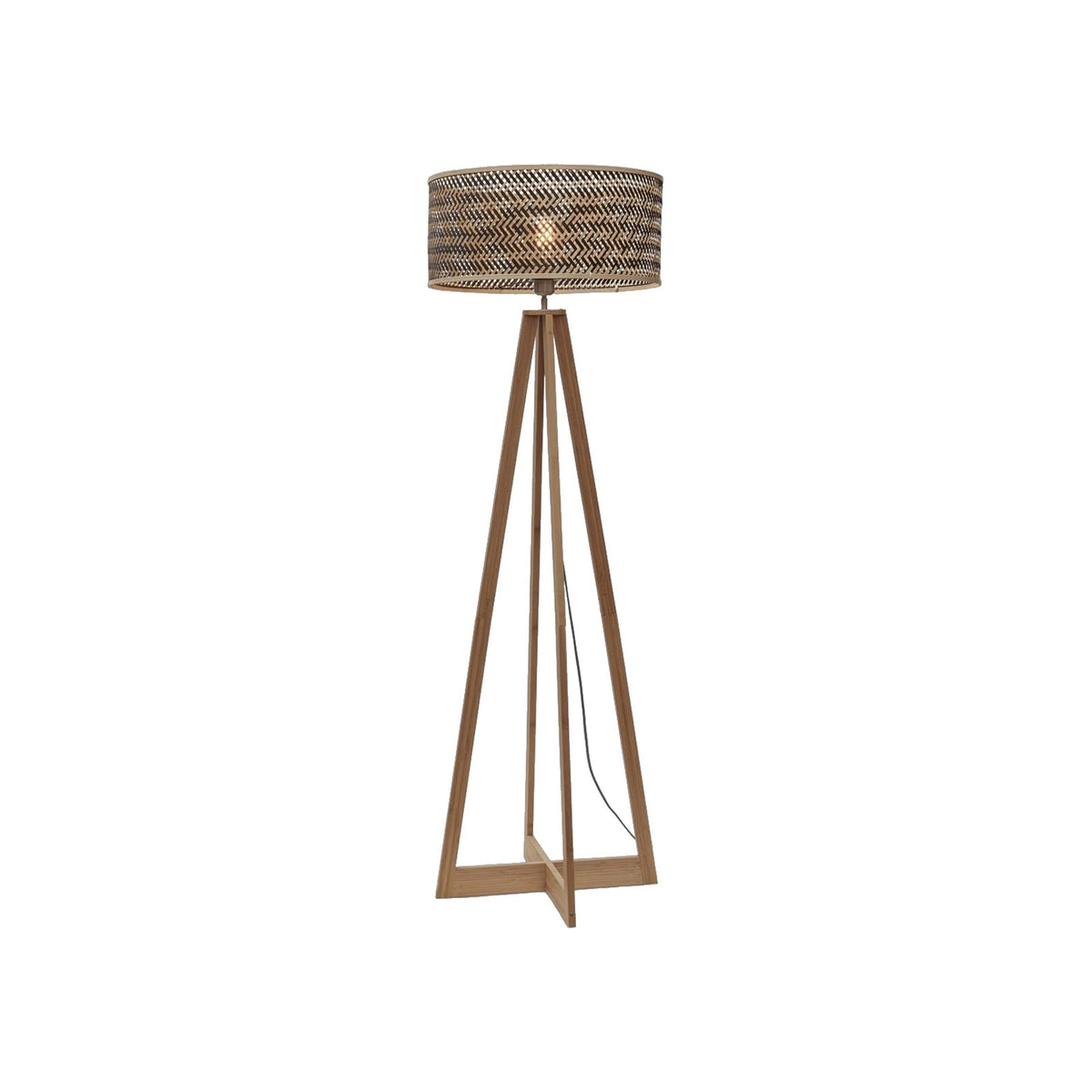 Lampadaire 4 pieds Java bambou naturel et abat-jour bicolore tressé en chevrons sur fond blanc