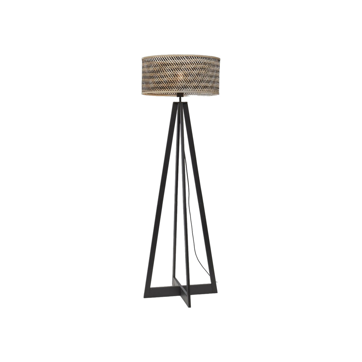 Lampadaire 4 pieds Java bambou noir et abat-jour bicolore tressé en chevrons sur fond blanc