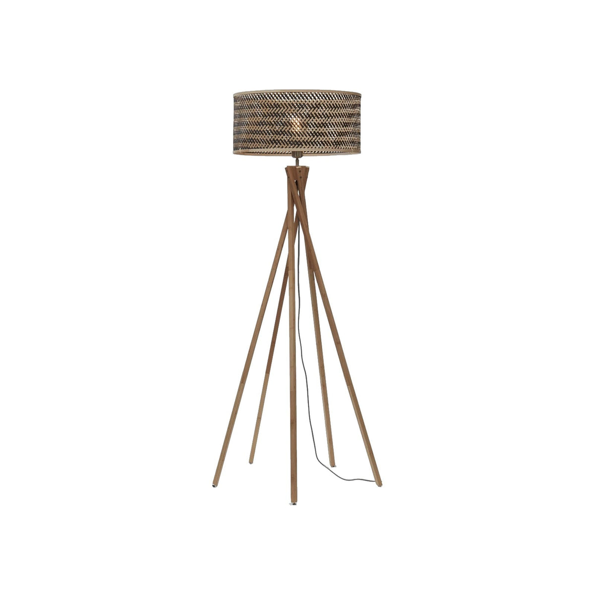 Lampadaire 5 pieds Java bambou naturel et abat-jour bicolore tressé en chevrons sur fond blanc