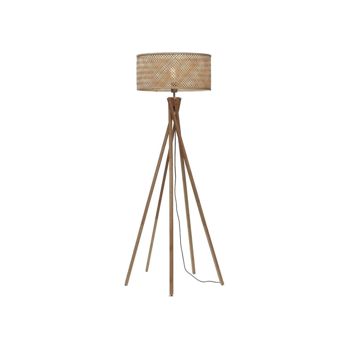 Lampadaire 5 pieds Java bambou naturel et abat-jour uni tressé ajouré sur fond blanc