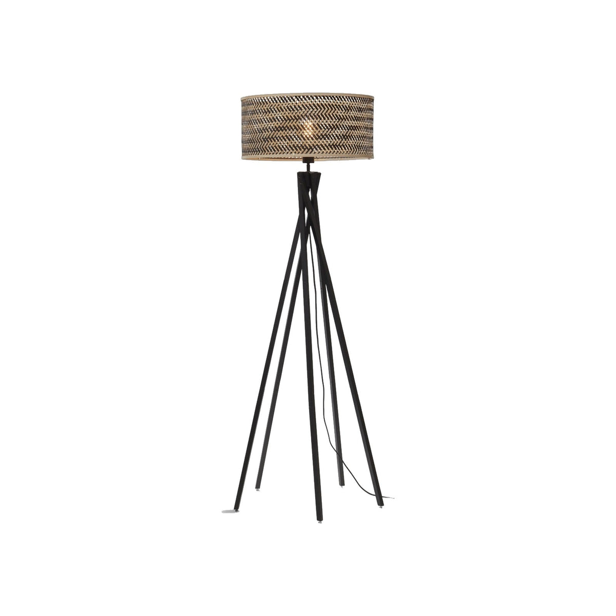 Lampadaire 5 pieds Java bambou noir et abat-jour bicolore tressé en chevrons sur fond blanc