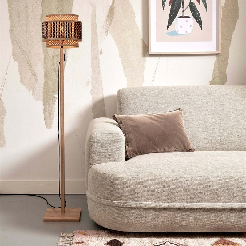 Dimensions Lampadaire Bhutan bambou naturel pied droit tambour 25 cm E27