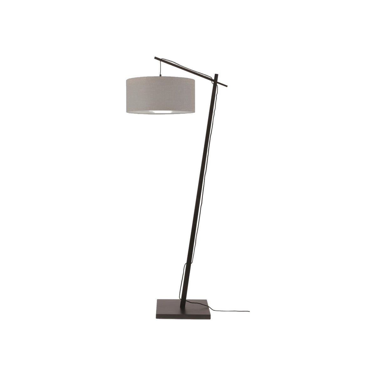 Lampadaire Andes Bambou noir à abat-jour Lin gris clair sur fond blanc avec son pied incliné et son bras