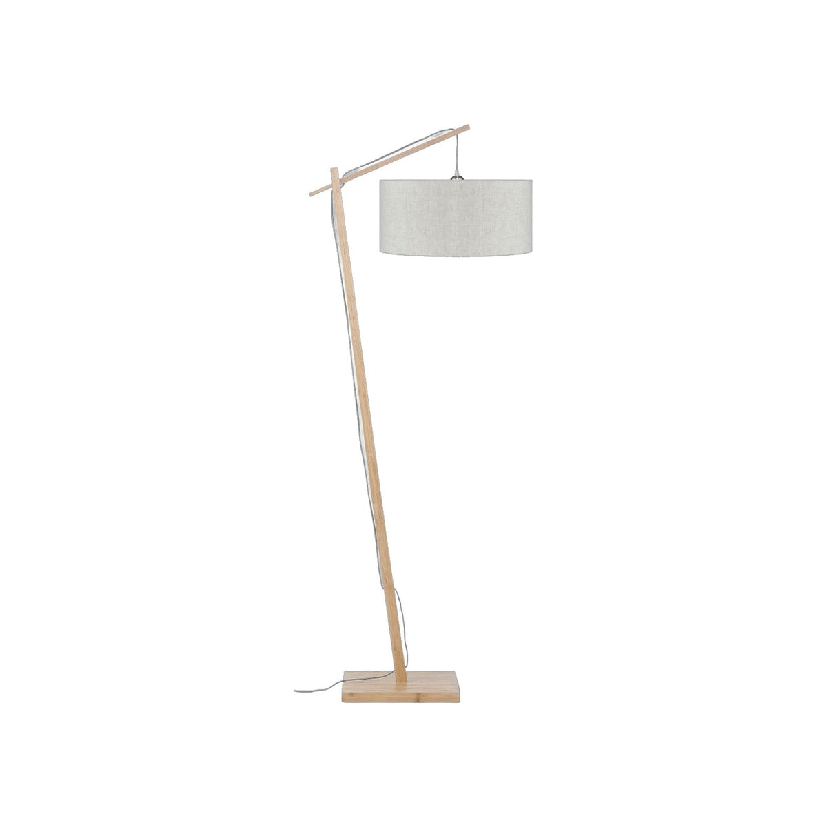 Lampadaire Andes Bambou naturel à abat-jour Lin naturel clair sur fond blanc avec son pied incliné et son bras