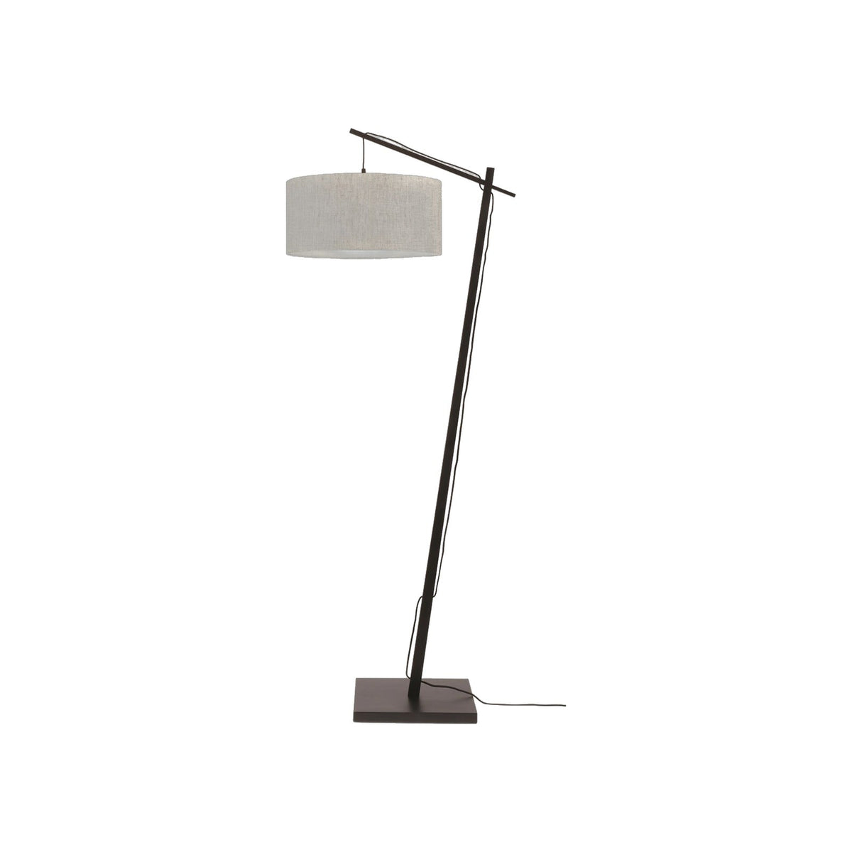 Lampadaire Andes Bambou noir à abat-jour Lin naturel clair sur fond blanc avec son pied incliné et son bras