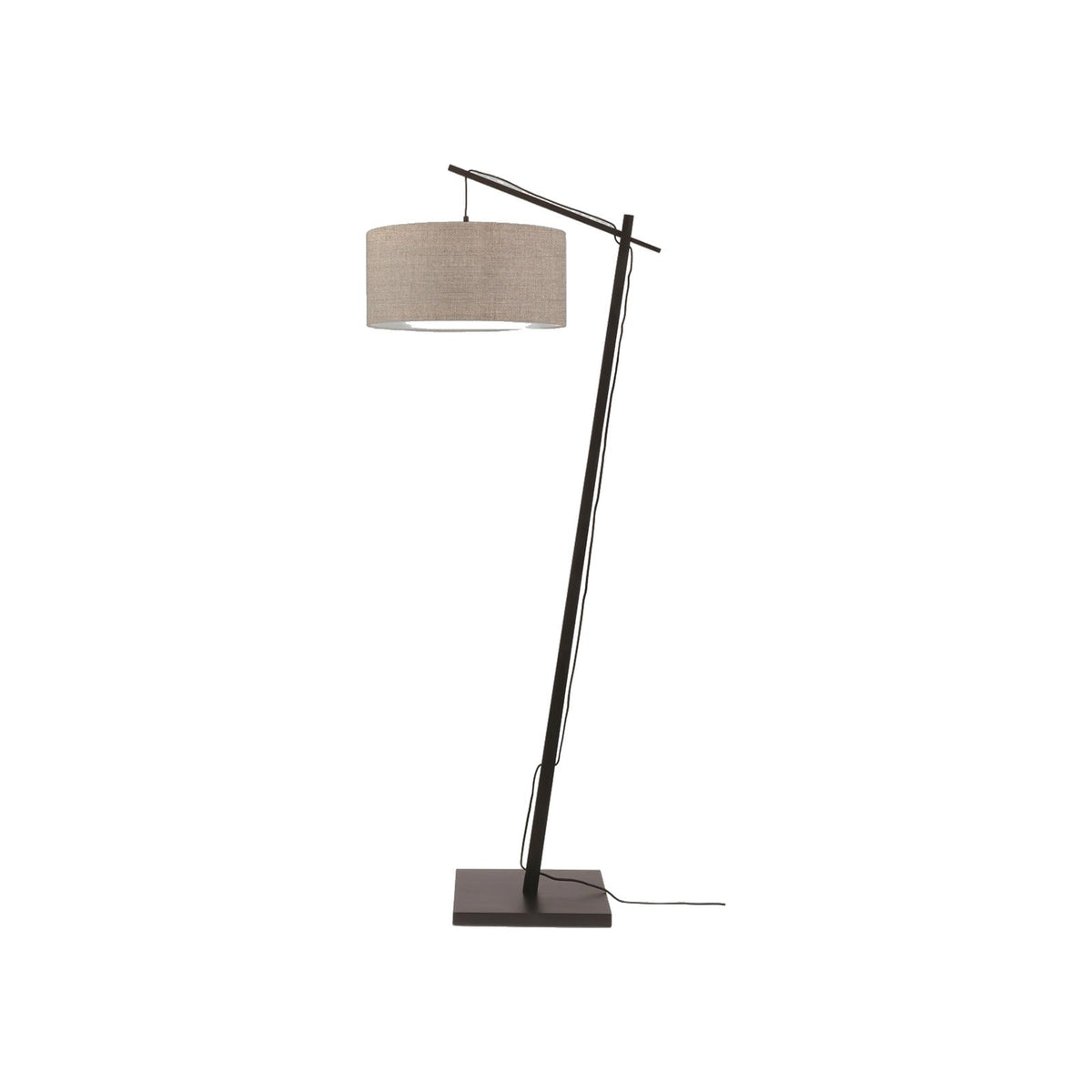 Lampadaire Andes Bambou noir à abat-jour Lin naturel foncé sur fond blanc avec son pied incliné et son bras