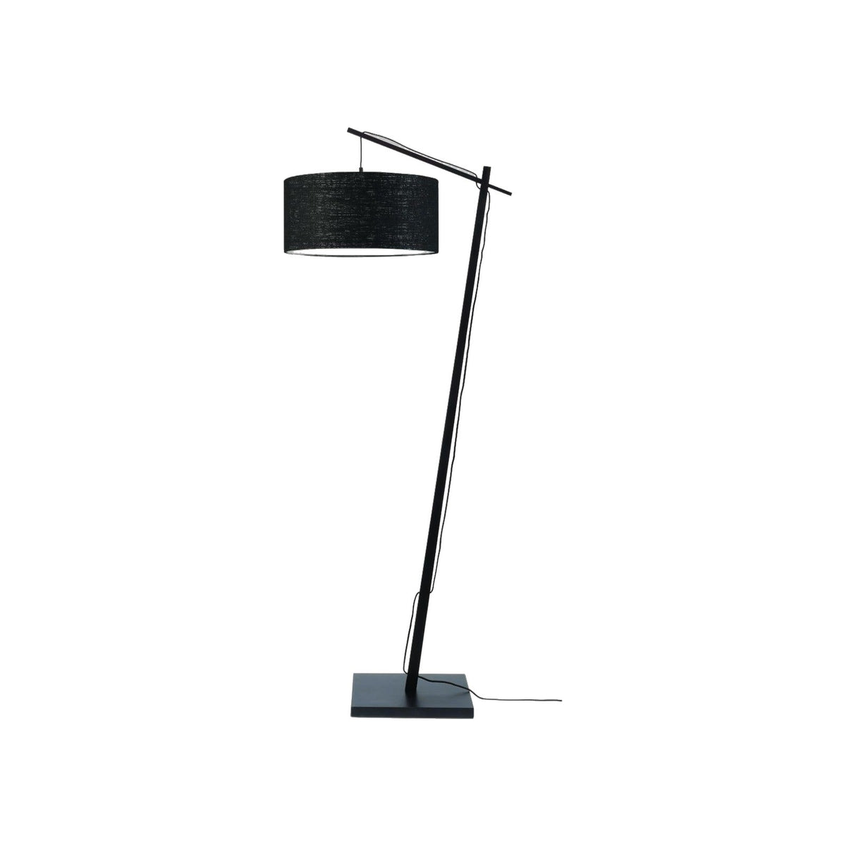 Lampadaire Andes Bambou noir à abat-jour Lin noir sur fond blanc avec son pied incliné et son bras