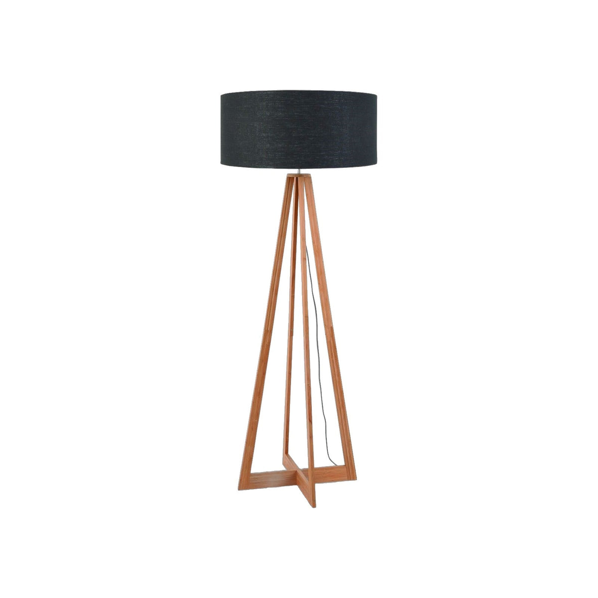 Lampadaire Everest en bambou avec abat-jour en lin gris foncé sur fond blanc