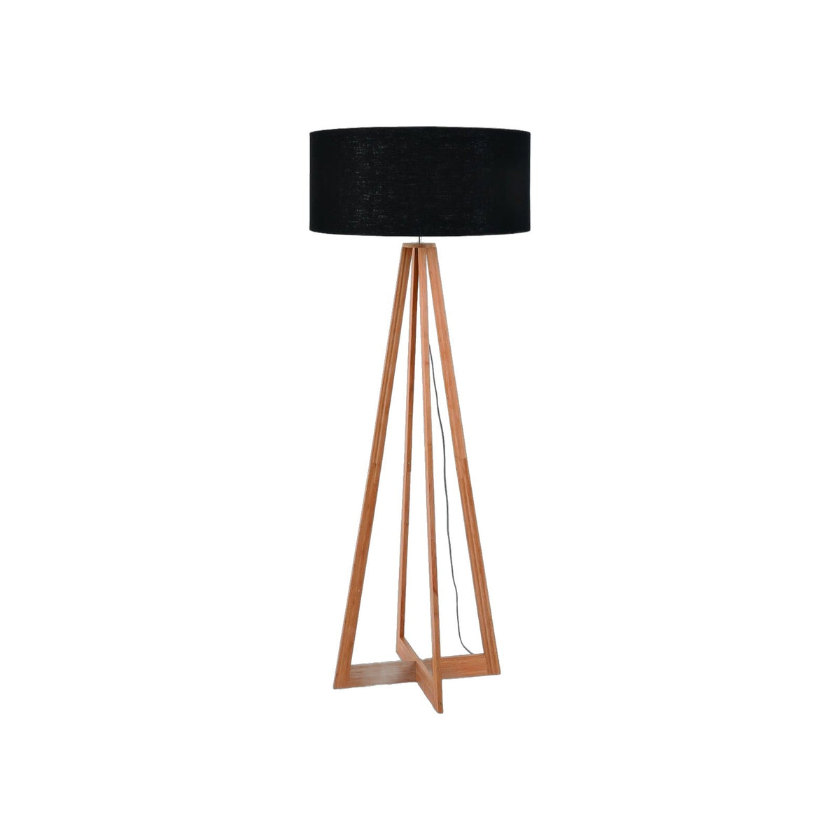 Lampadaire Everest en bambou avec abat-jour en lin noir sur fond blanc