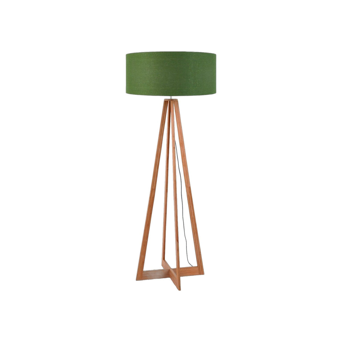 Lampadaire Everest en bambou avec abat-jour en lin vert forêt sur fond blanc