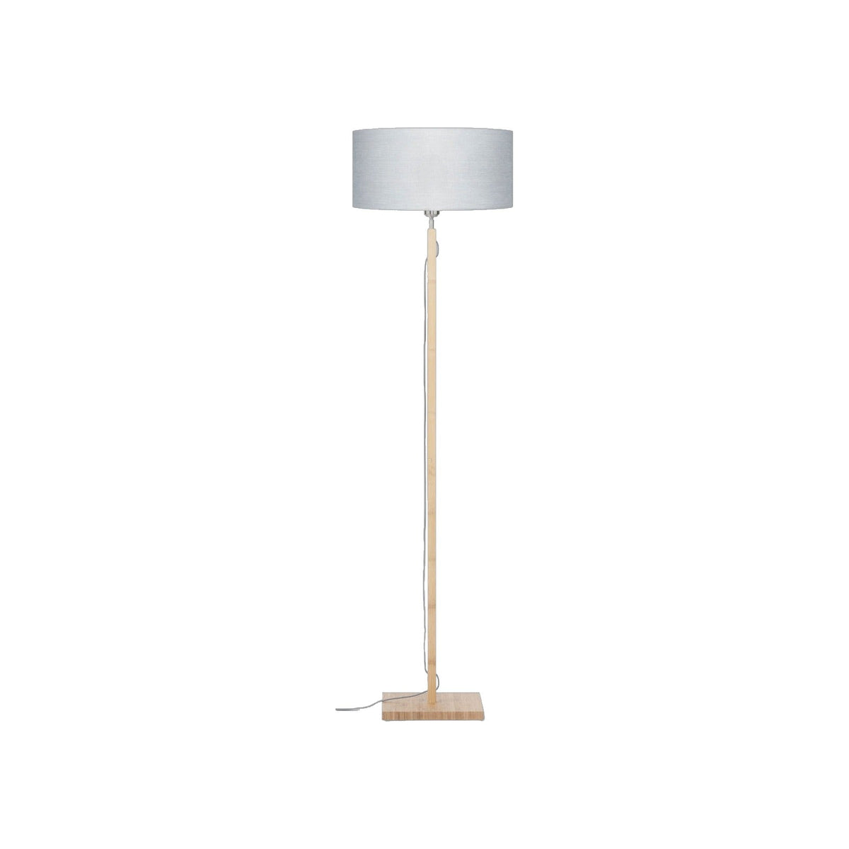 Lampadaire Fuji en bambou avec abat-jour en lin gris clair sur fond blanc