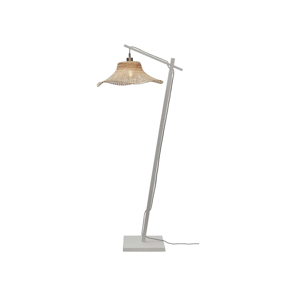 Lampadaire Ibiza Piètement blanc allumé abat-jour en bambou tressé naturel suspendu à la potence