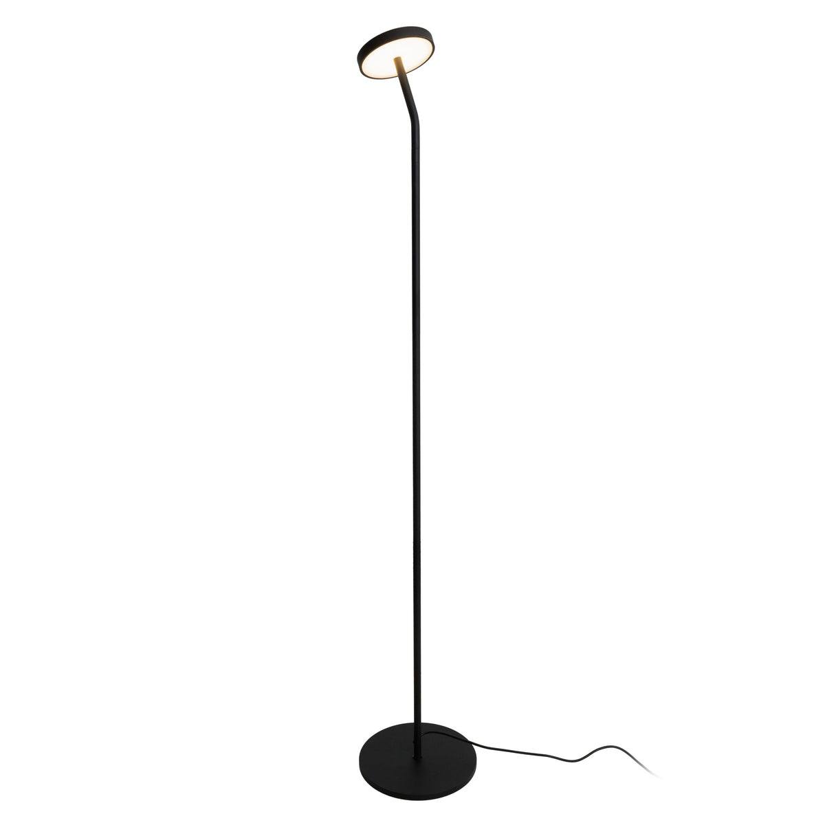 Lampadaire Ibiza noir vu de face son mât se courbe au sommet vers une tête ronde tournée vers le bas