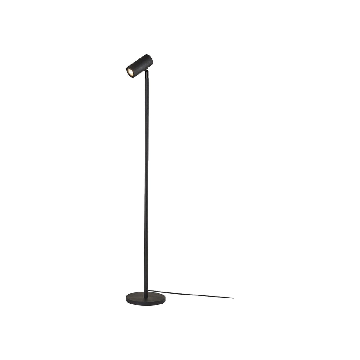 Lampadaire liseuse Java bambou noir avec sa tête spot allumée au sommet d'une tige fine