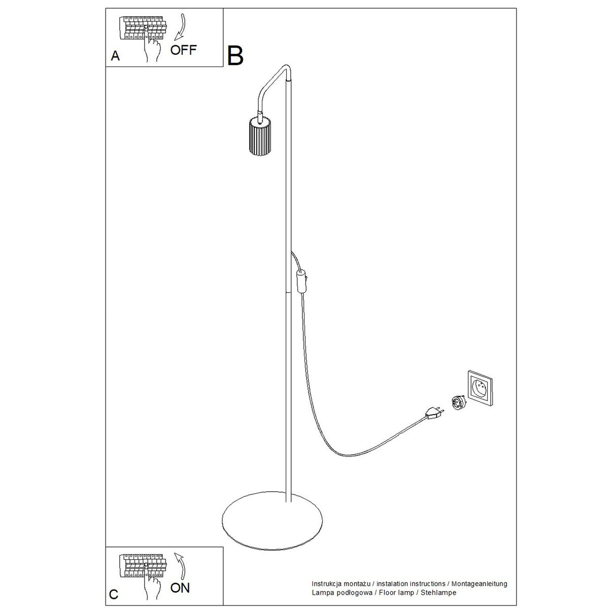Notice du lampadaire Karbon courant coupé puis fiche branchée sur une prise et courant rétabli