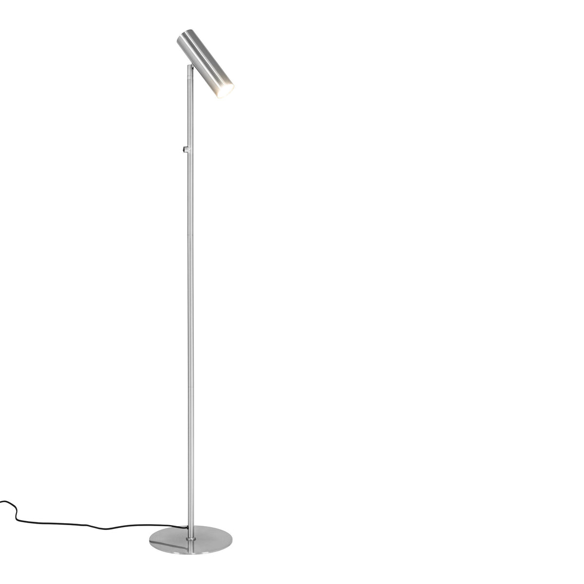 Lampadaire liseuse Paris finition acier brossé allumé sur fond blanc avec la lumière qui sort du spot incliné