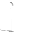 Lampadaire liseuse Paris finition acier brossé vu en entier sur fond blanc avec son pied rond et son spot cylindrique incliné