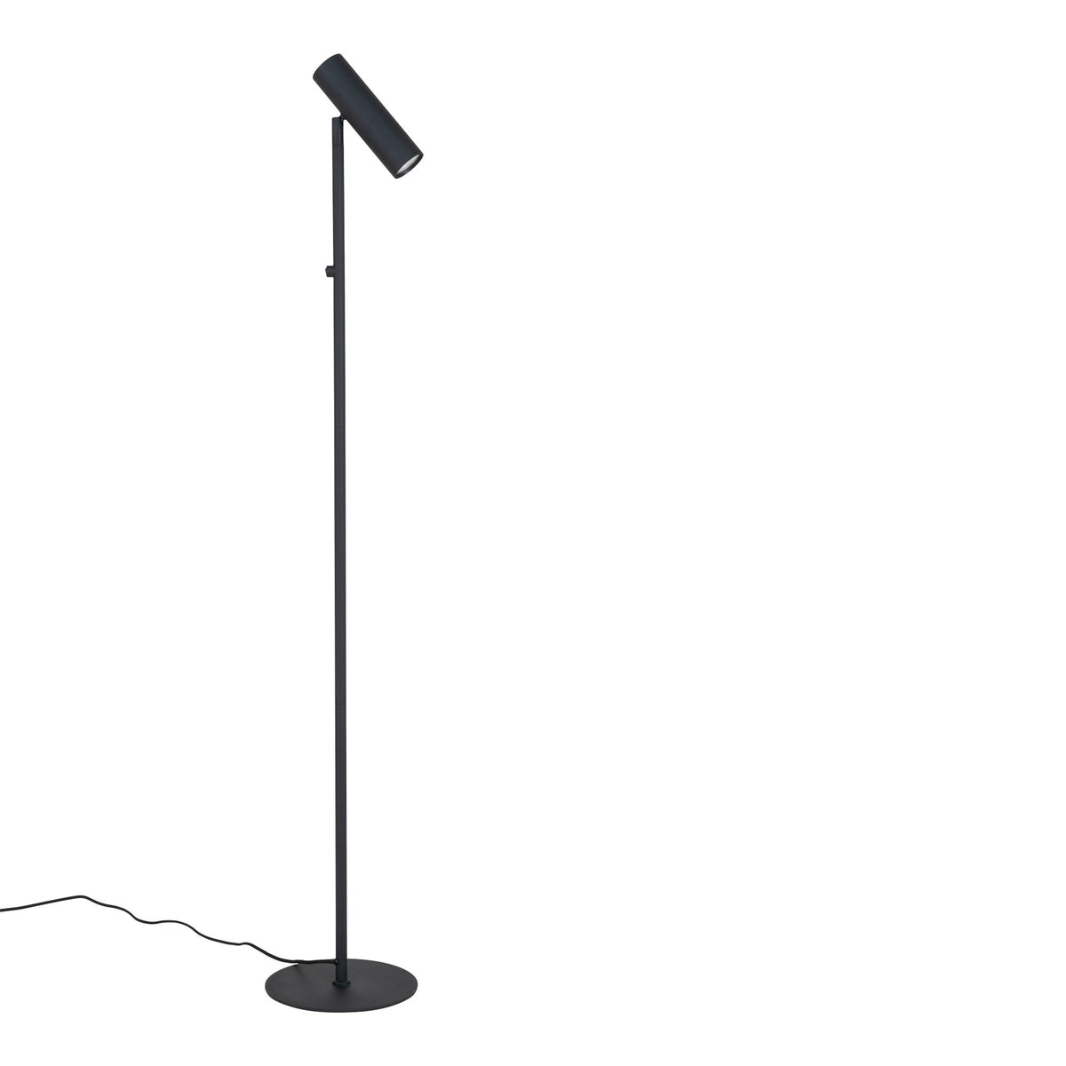 Lampadaire liseuse Paris finition métal noir vu en entier sur fond blanc avec son pied rond et son spot cylindrique incliné