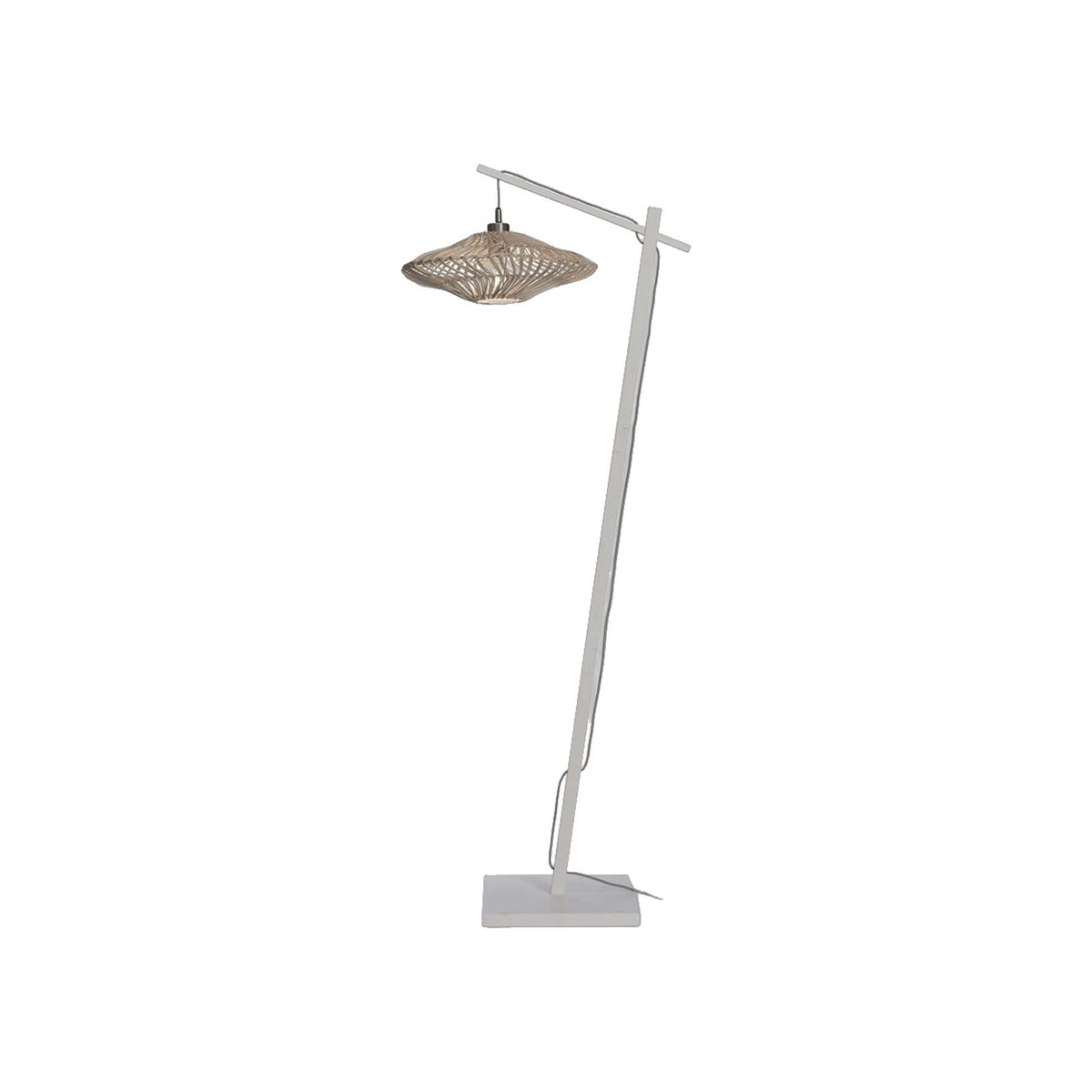Lampadaire liseuse Zanzibar rotin blanc 40 cm détouré avec son pied blanc et sa soucoupe allumée