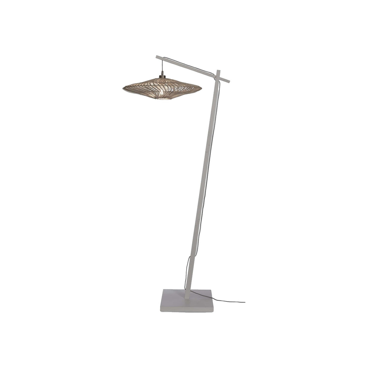 Lampadaire liseuse Zanzibar rotin blanc 55 cm détouré avec son pied clair et sa soucoupe allumée
