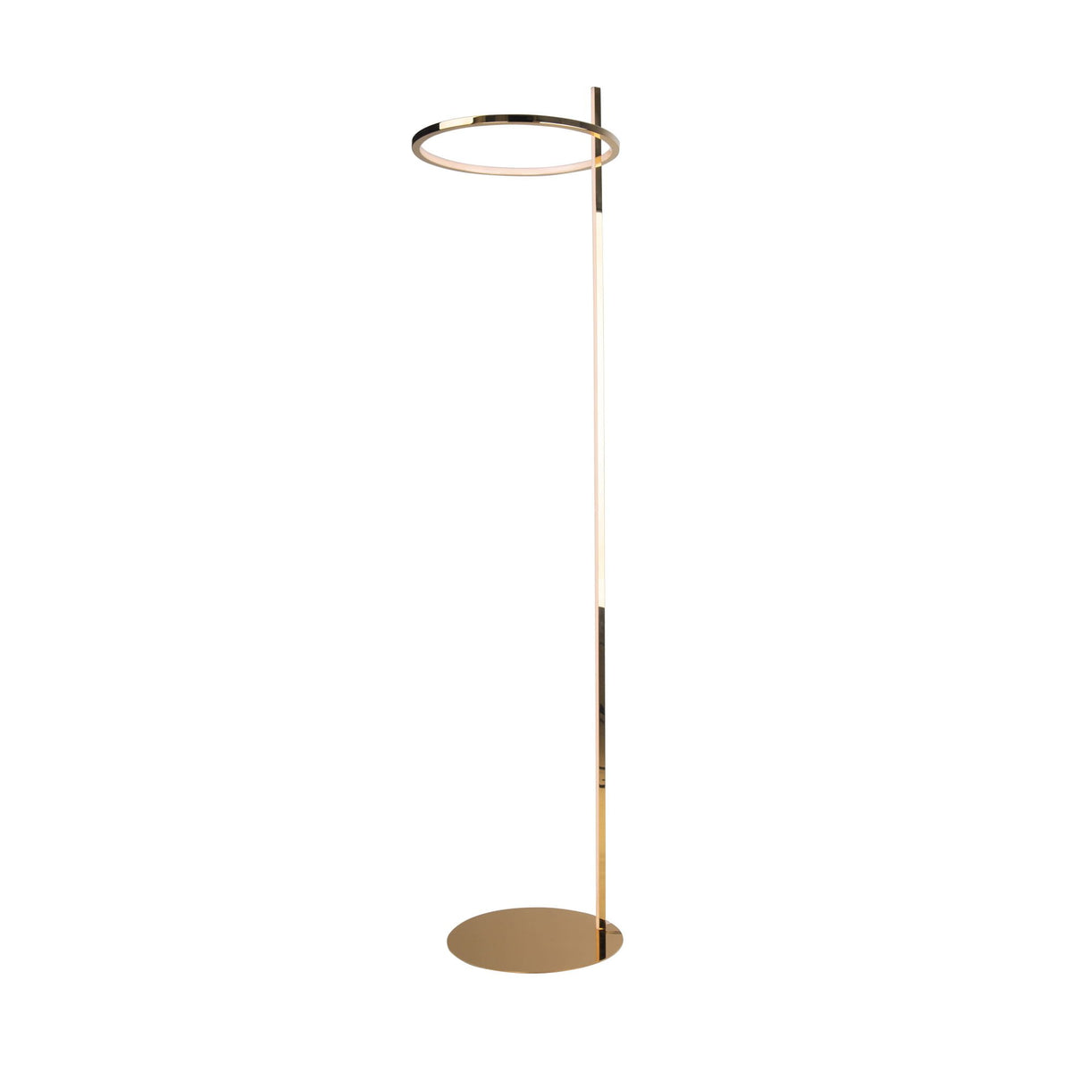 Lampadaire Lozanna doré allumé tige lumineuse traversant un anneau sur un socle rond