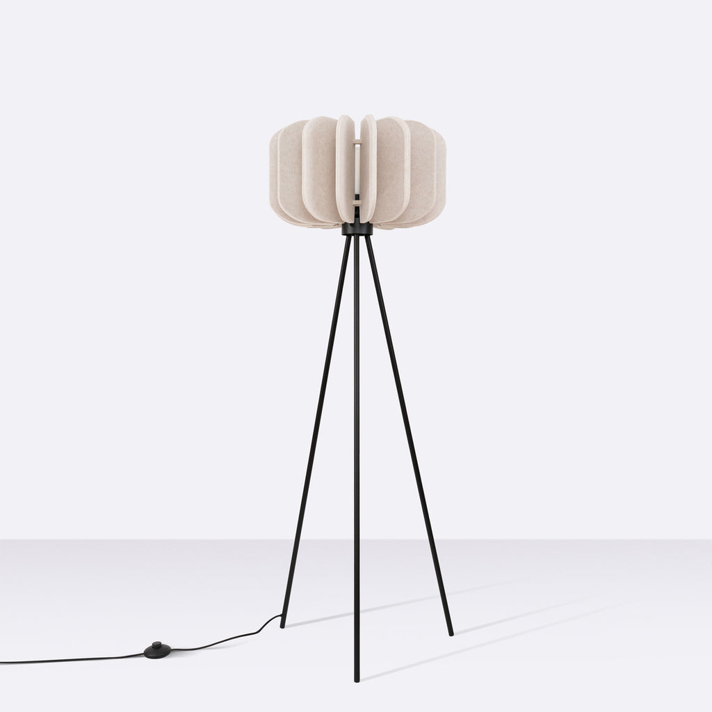Lampadaire Mula 45 trépied feutre beige E27, vue de profil