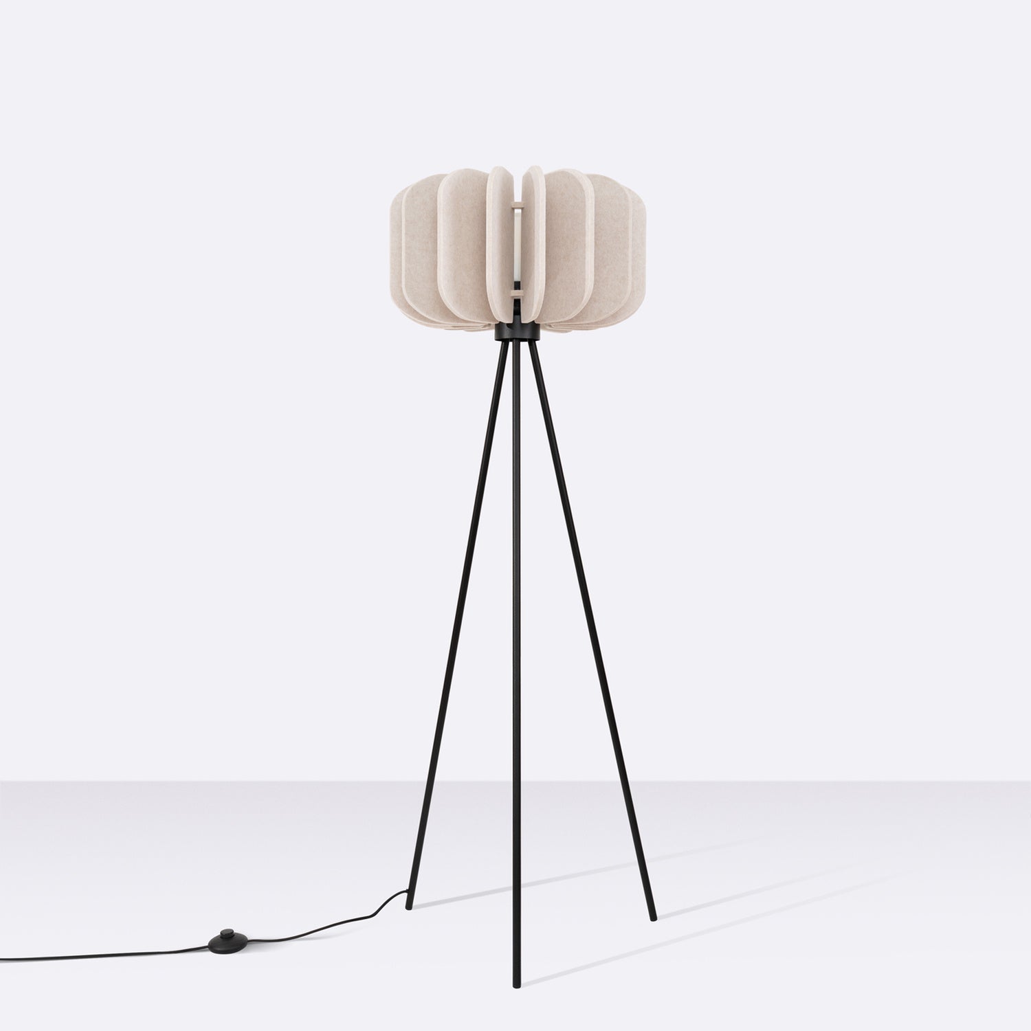 Lampadaire Mula 45 trépied feutre beige E27, vue de profil
