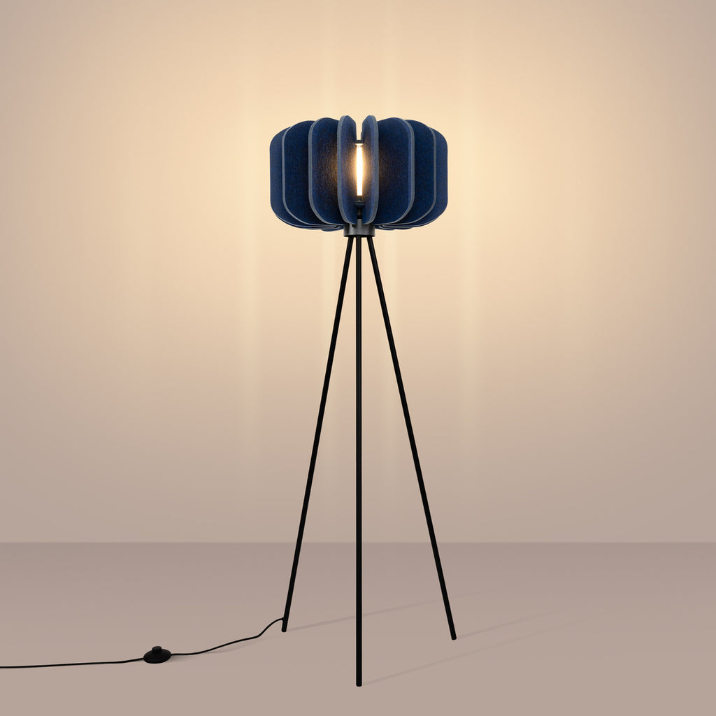 Lampadaire Mula 45 trépied feutre bleu marine E27, en éclairage