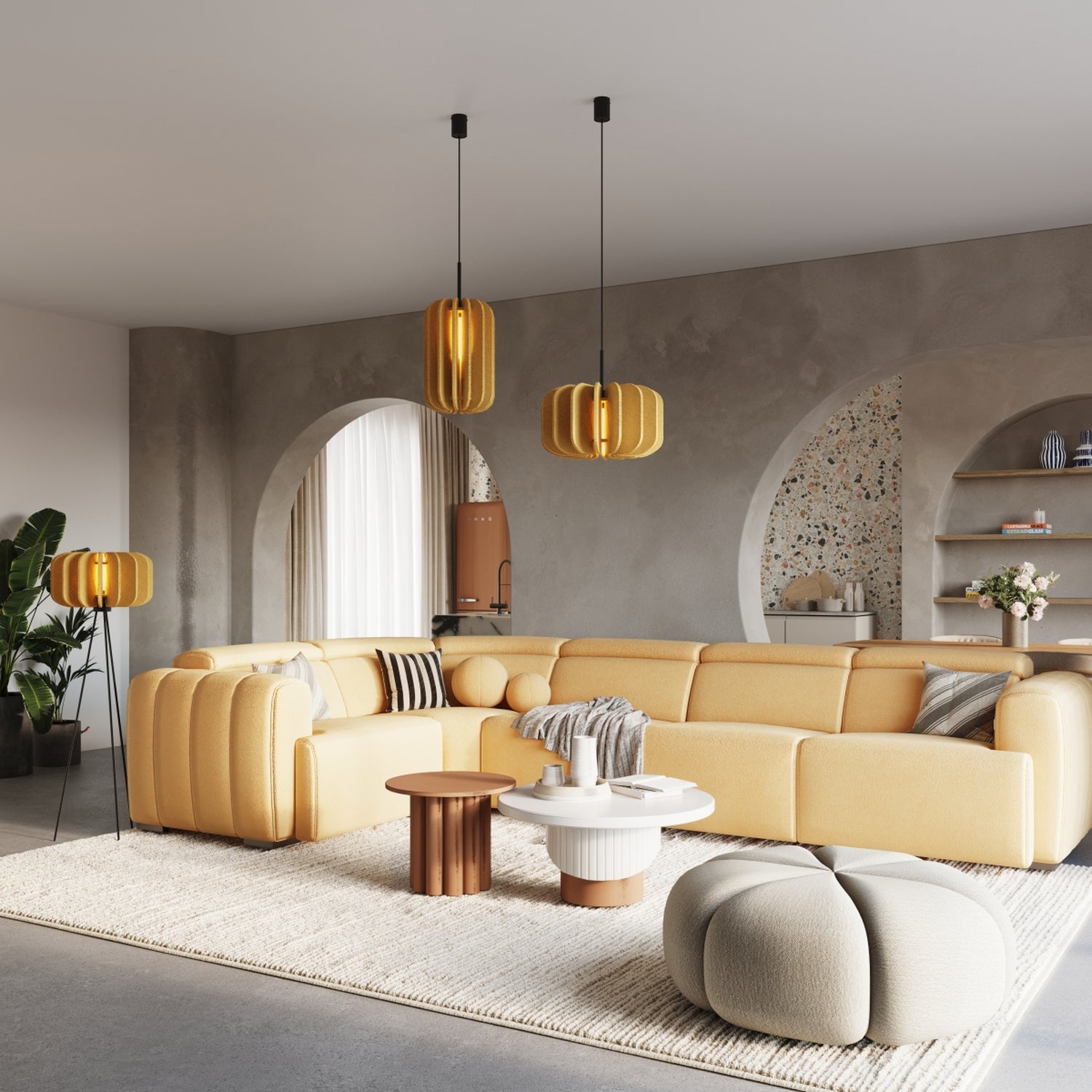 Lampadaire Mula 45 trépied feutre jaune moutarde E27, ambiance chaleureuse