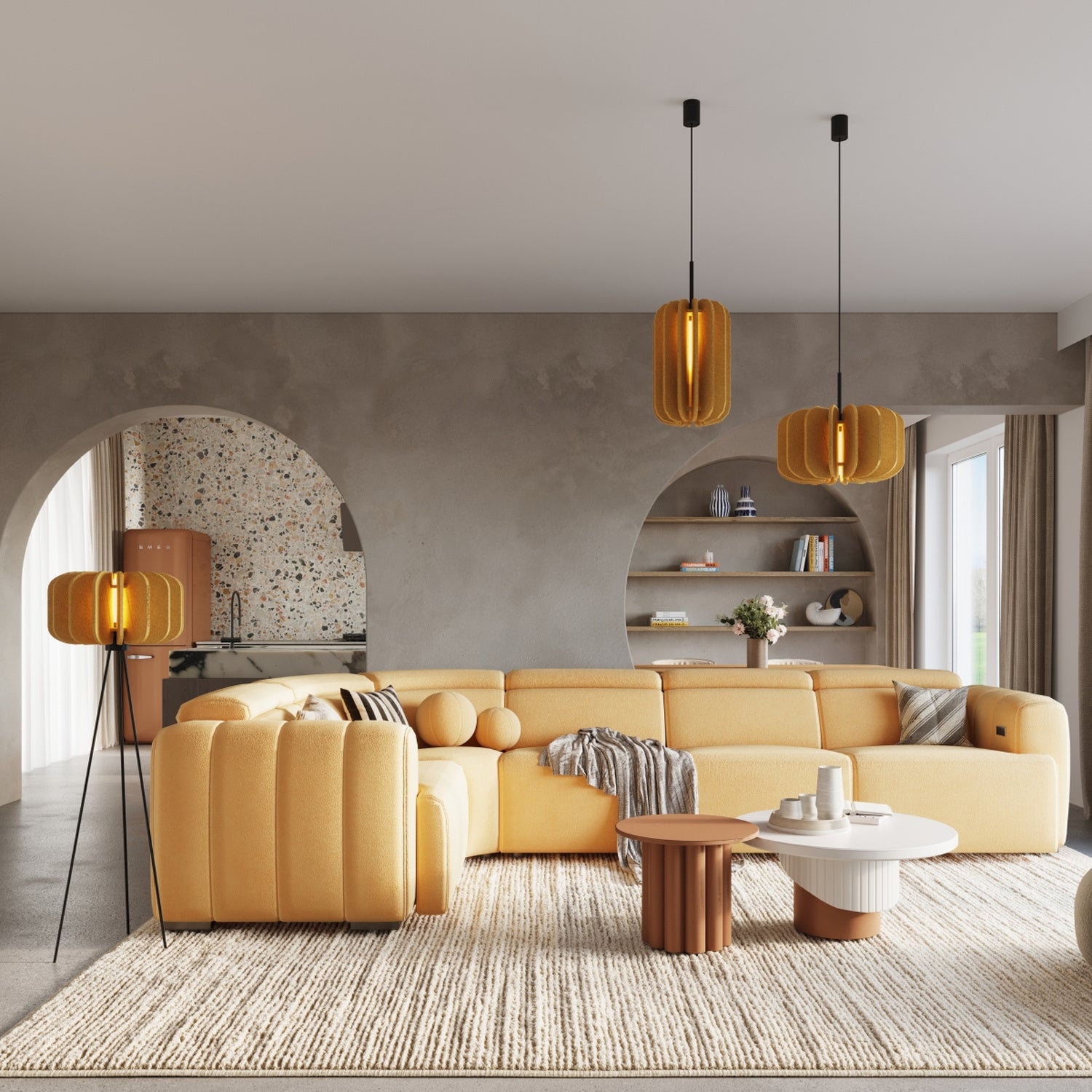 Lampadaire Mula 45 trépied feutre jaune moutarde E27 en situation dans un intérieur