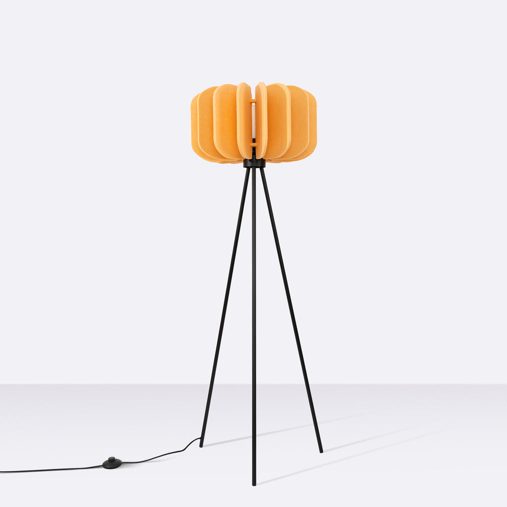Lampadaire Mula 45 trépied feutre jaune moutarde E27, vue de profil