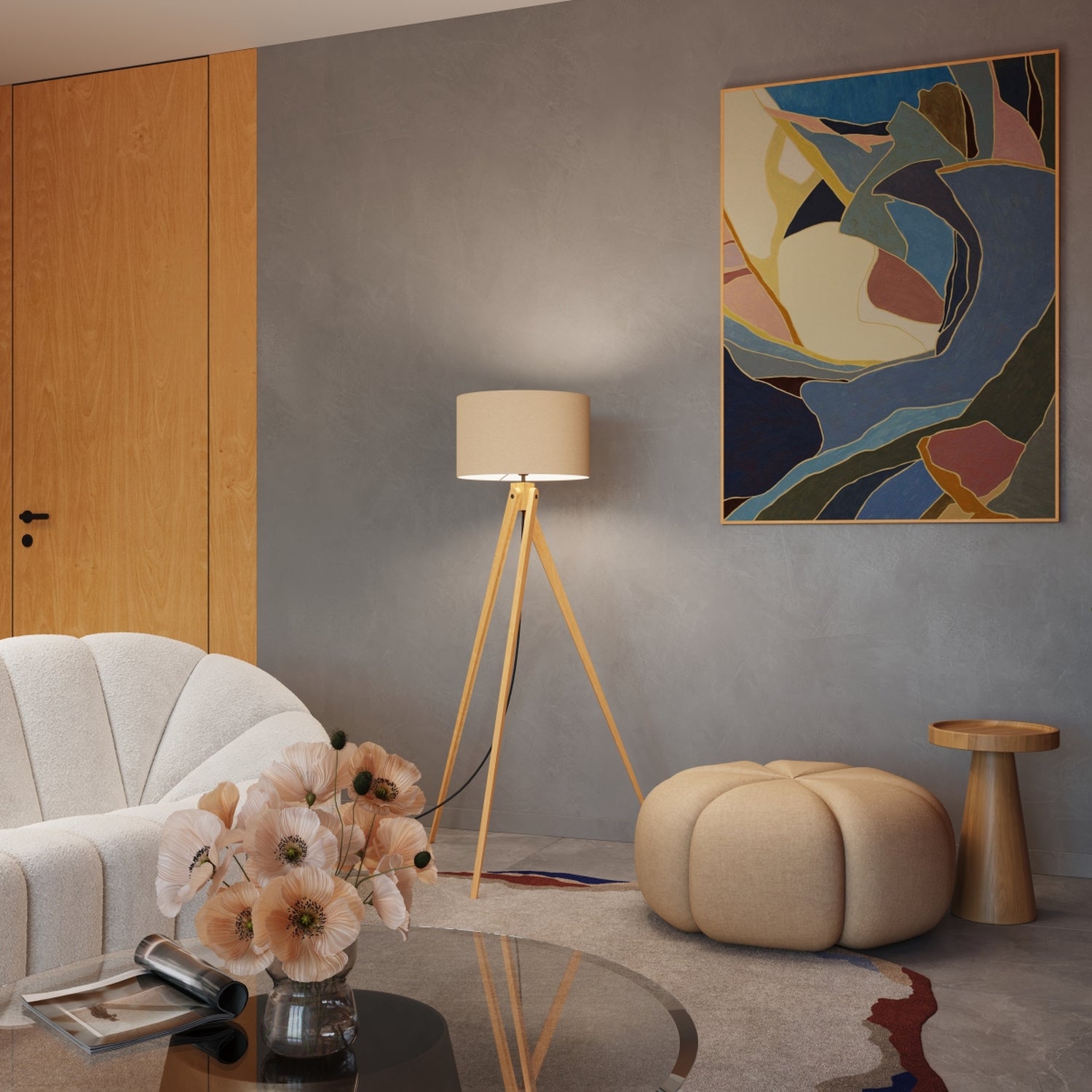 Lampadaire Natt trépied bois beige E27, ambiance chaleureuse