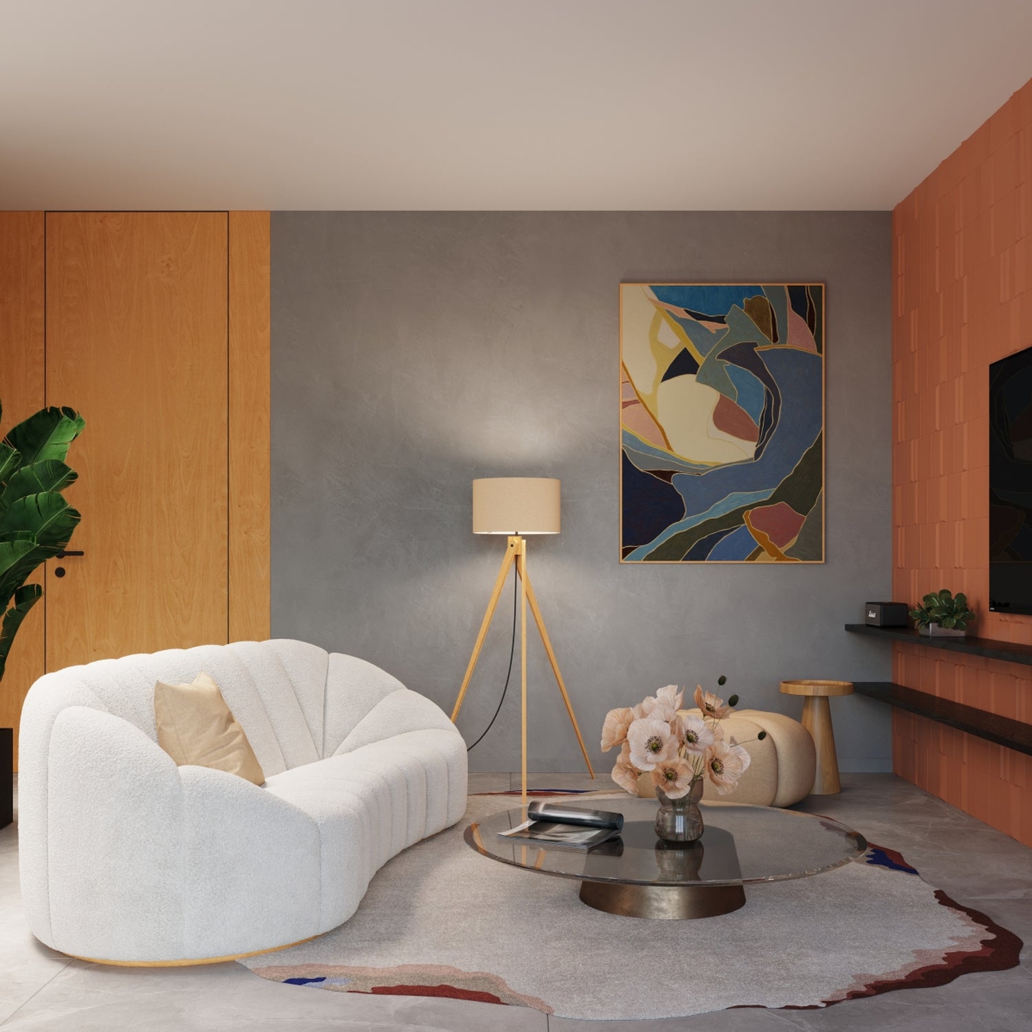 Lampadaire Natt trépied bois beige E27 en situation dans un intérieur