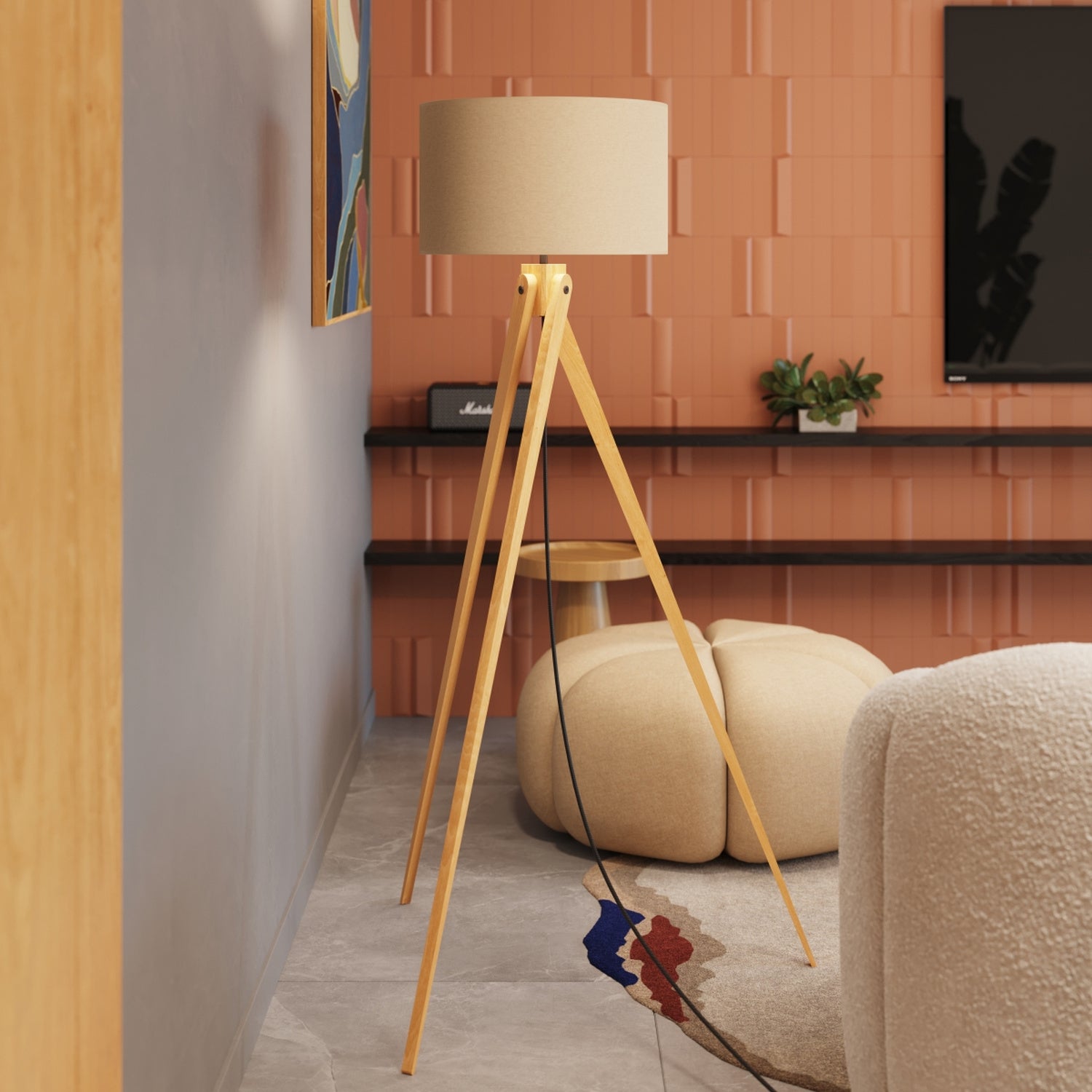 Lampadaire Natt trépied bois beige E27 en situation
