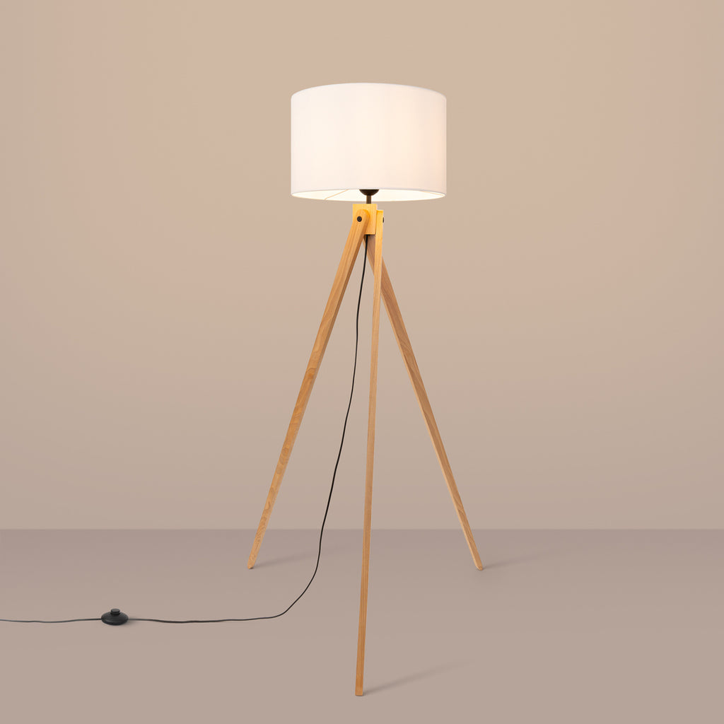 Lampadaire Natt trépied bois blanc E27, en éclairage