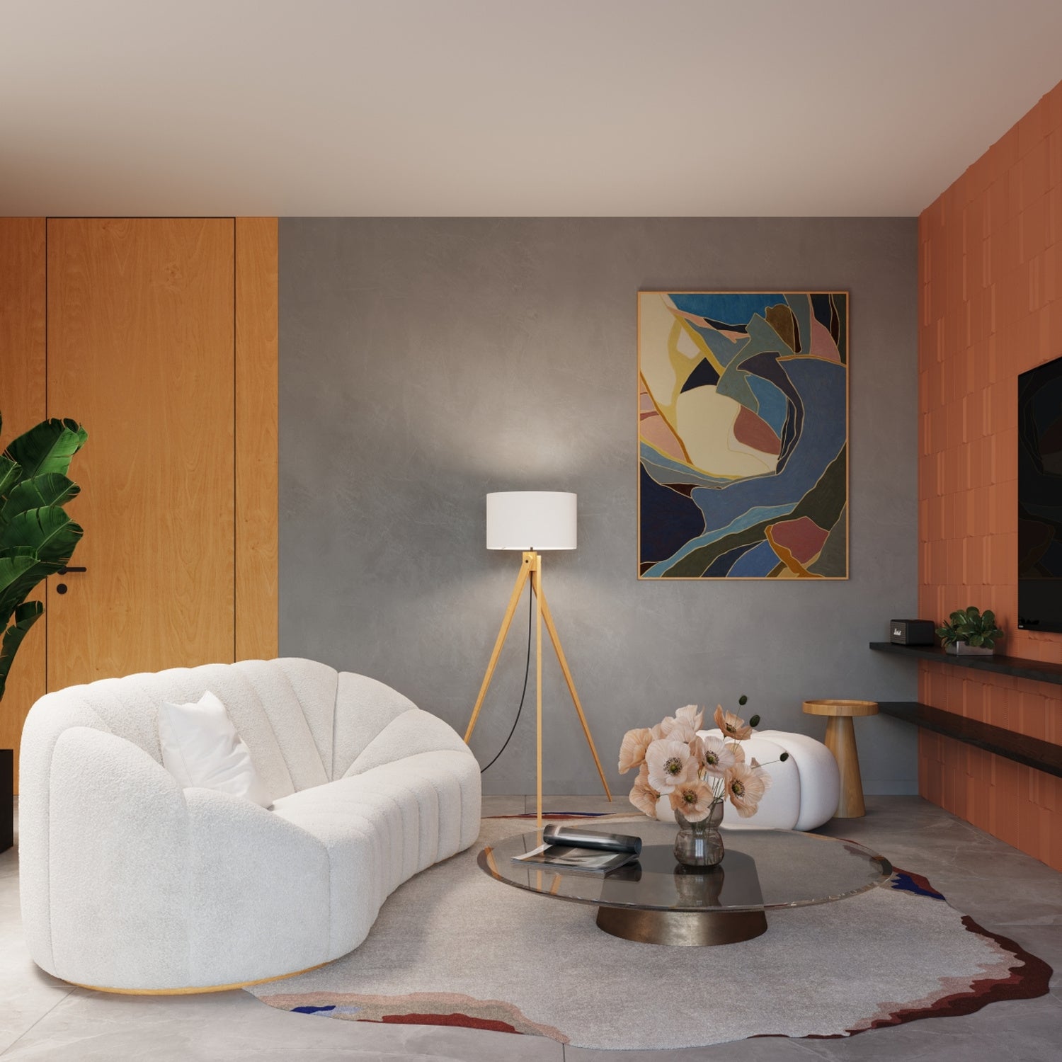Lampadaire Natt trépied bois blanc E27 en situation dans un intérieur