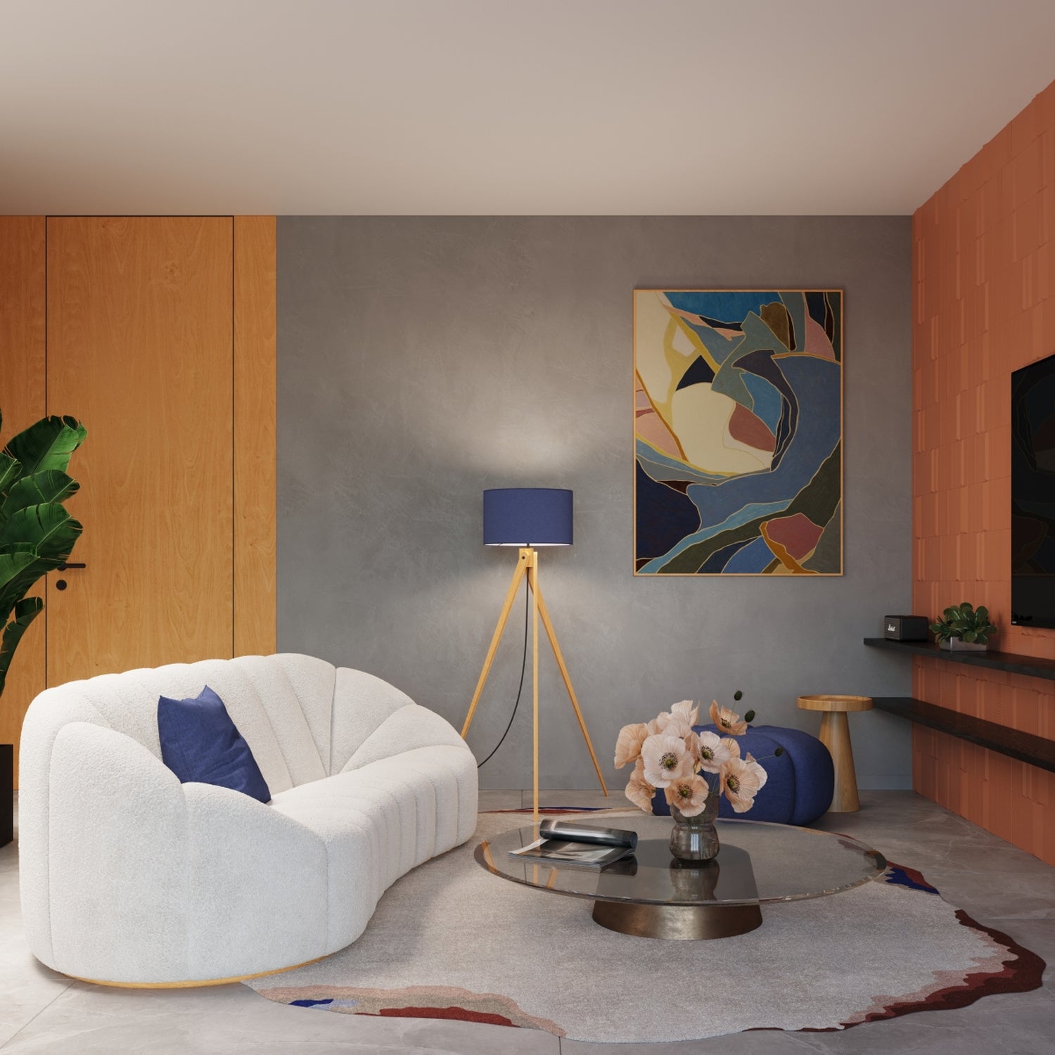 Lampadaire Natt trépied bois bleu marine E27 en situation dans un intérieur