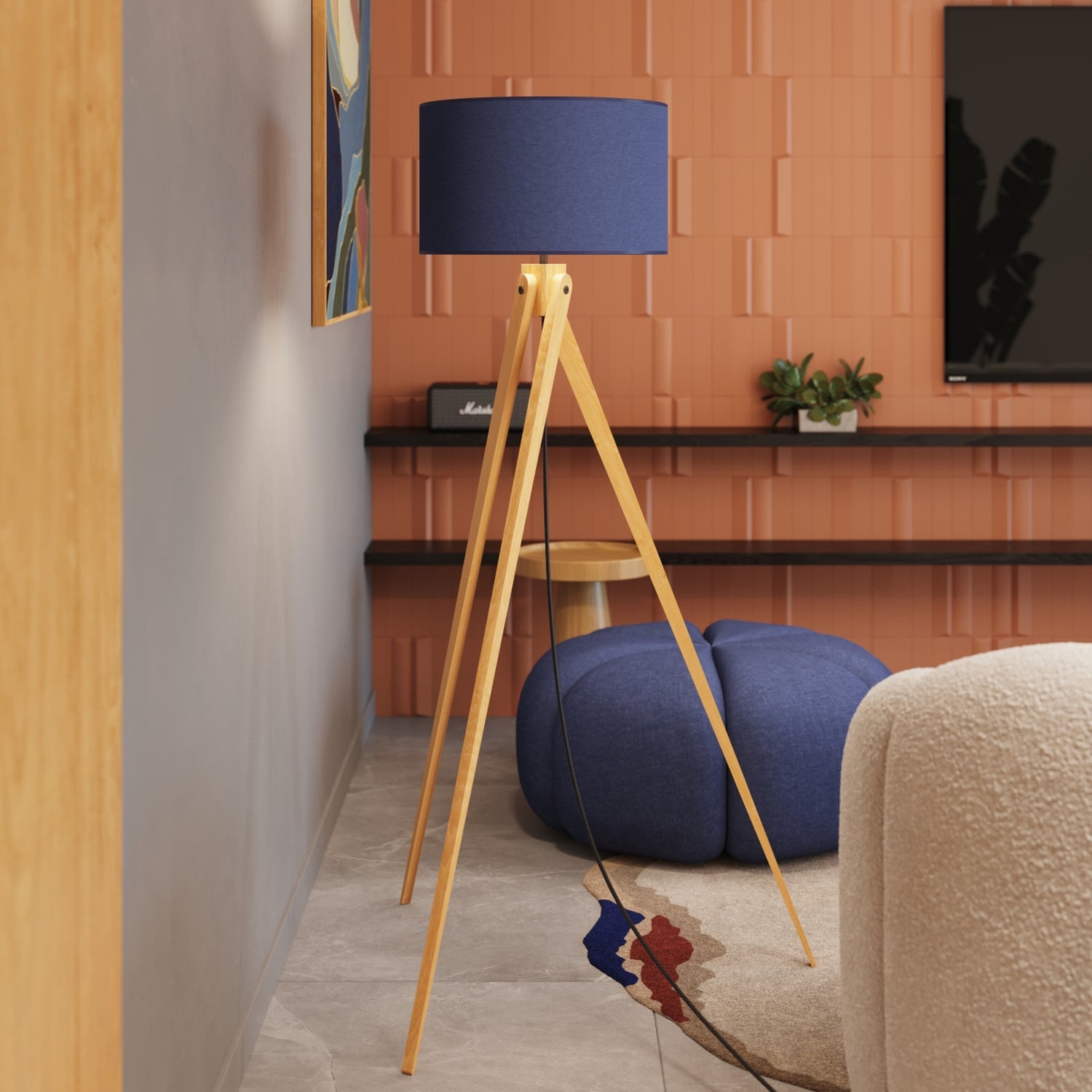 Lampadaire Natt trépied bois bleu marine E27 en situation