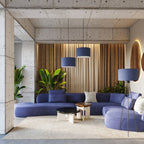 Lampadaire Nevia trépied bleu marine E27 en situation dans un intérieur
