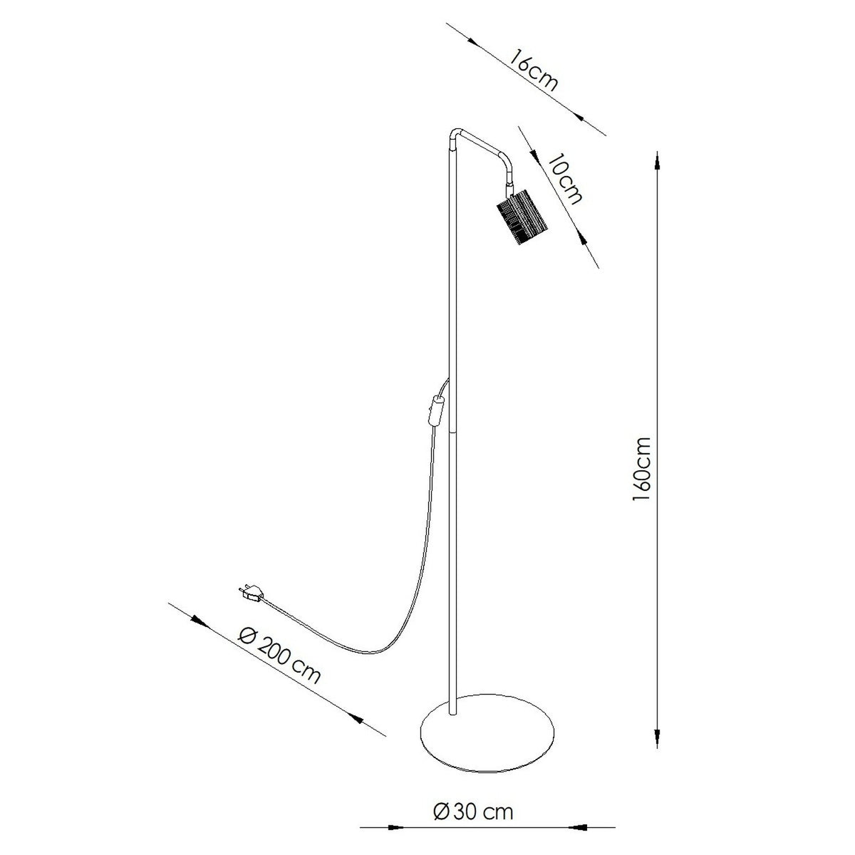 Croquis coté du lampadaire Rayo 1 hauteur 160 cm socle 30 cm bras 16 cm tête 10 cm câble 200 cm
