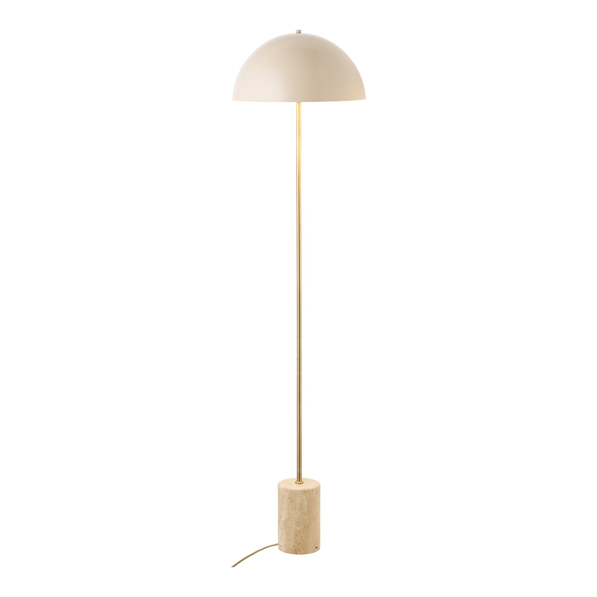 Lampadaire Sheffield beige métal doré brossé base travertin naturel vue de face