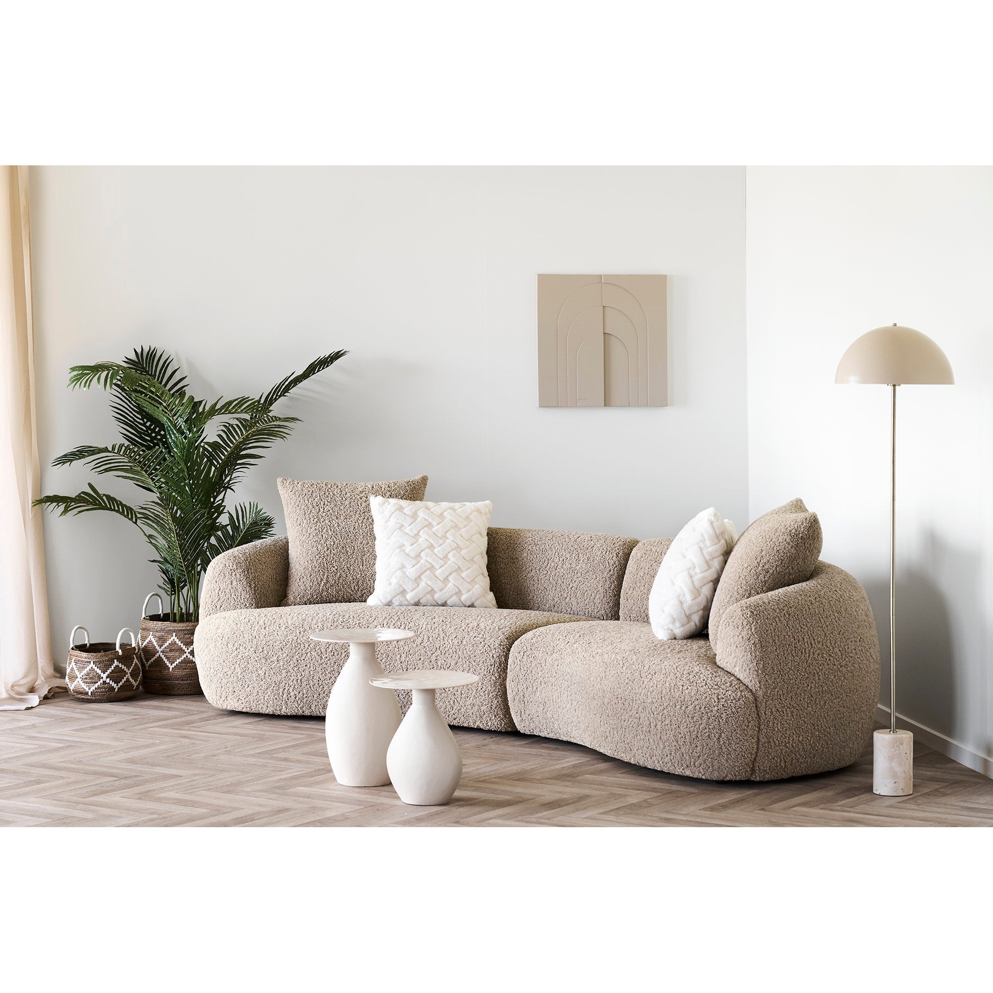 Lampadaire Sheffield beige doré salon canapé tissu naturel ambiance organique
