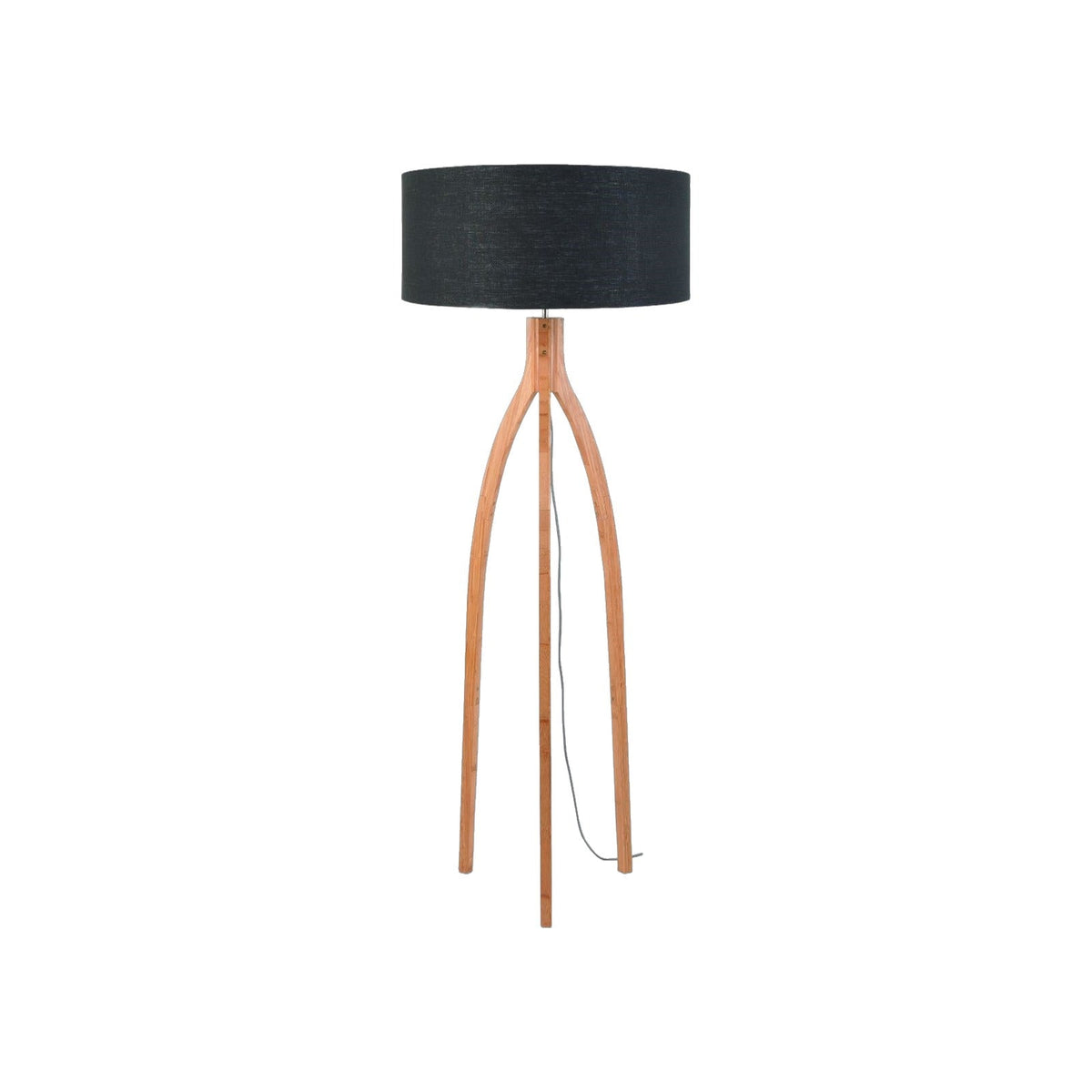 Lampadaire Annapurna à abat-jour Lin gris foncé sur fond blanc avec son trépied en bambou cintré