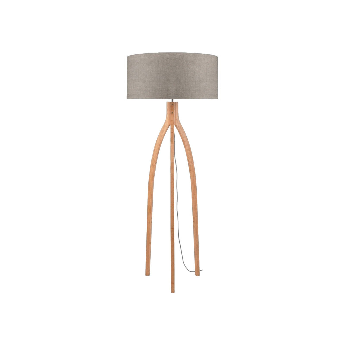 Lampadaire Annapurna à abat-jour Lin naturel foncé sur fond blanc avec son trépied en bambou cintré