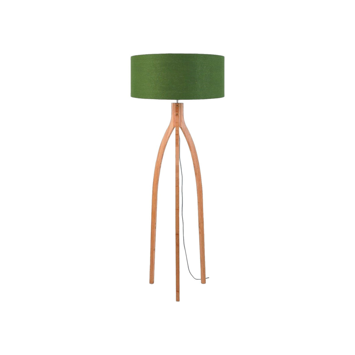 Lampadaire Annapurna à abat-jour Lin vert forêt sur fond blanc avec son trépied en bambou cintré