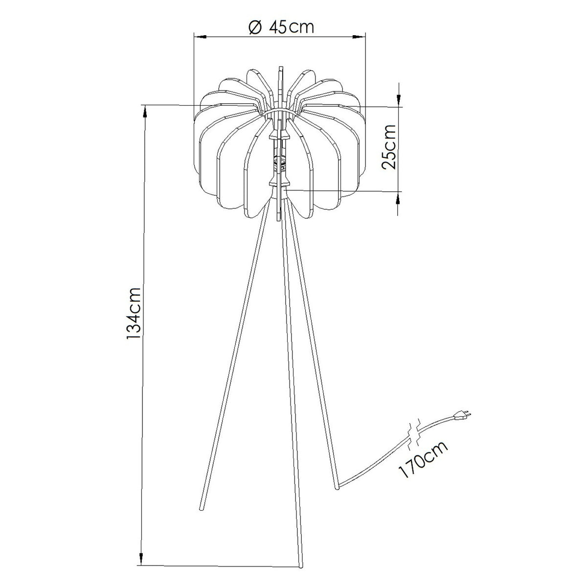 Schéma coté du lampadaire Mula hauteur 134 cm abat-jour de 45 cm de diamètre et 25 cm de haut cordon de 170 cm