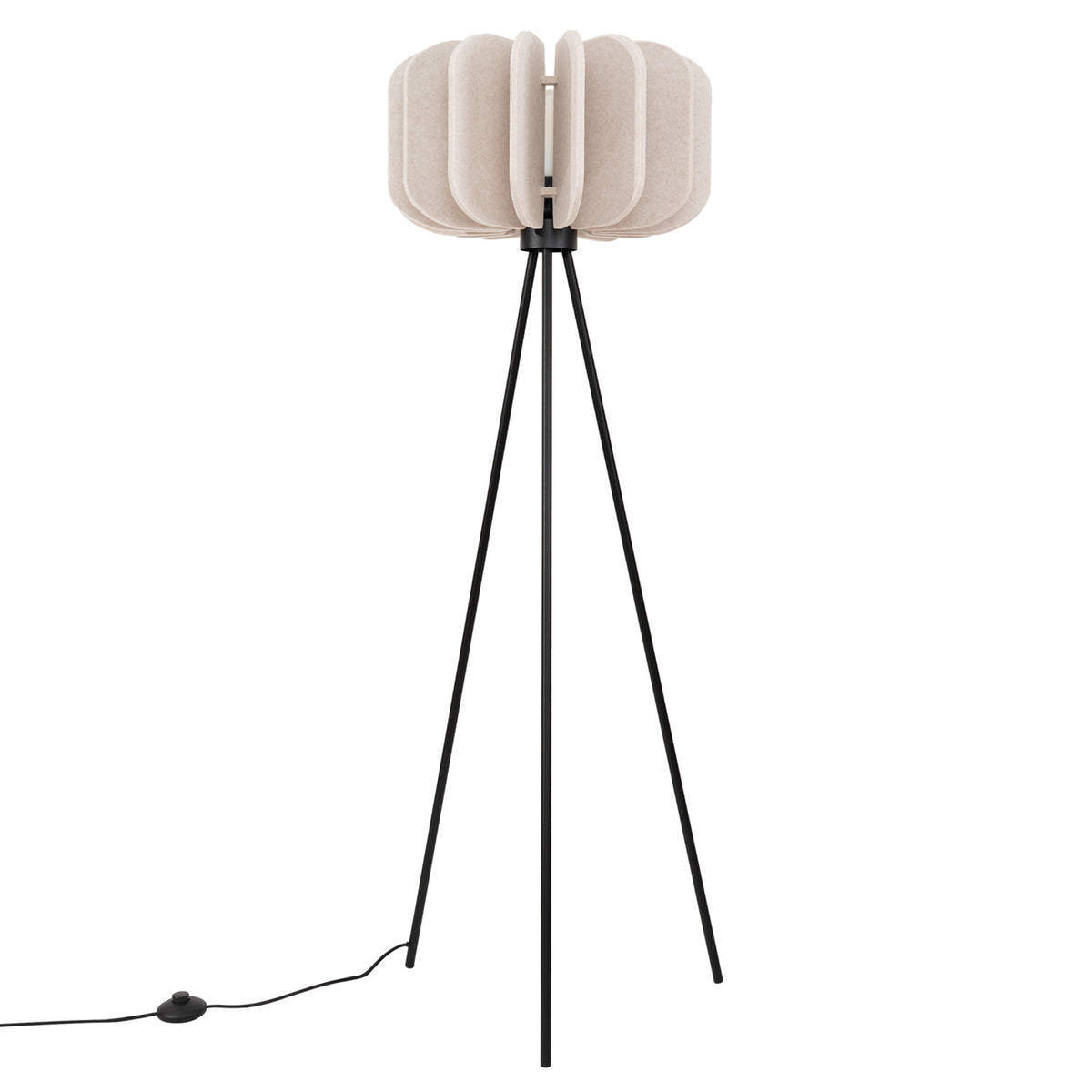 Lampadaire trépied Mula feutre beige sur trois pieds en acier noir avec interrupteur au pied