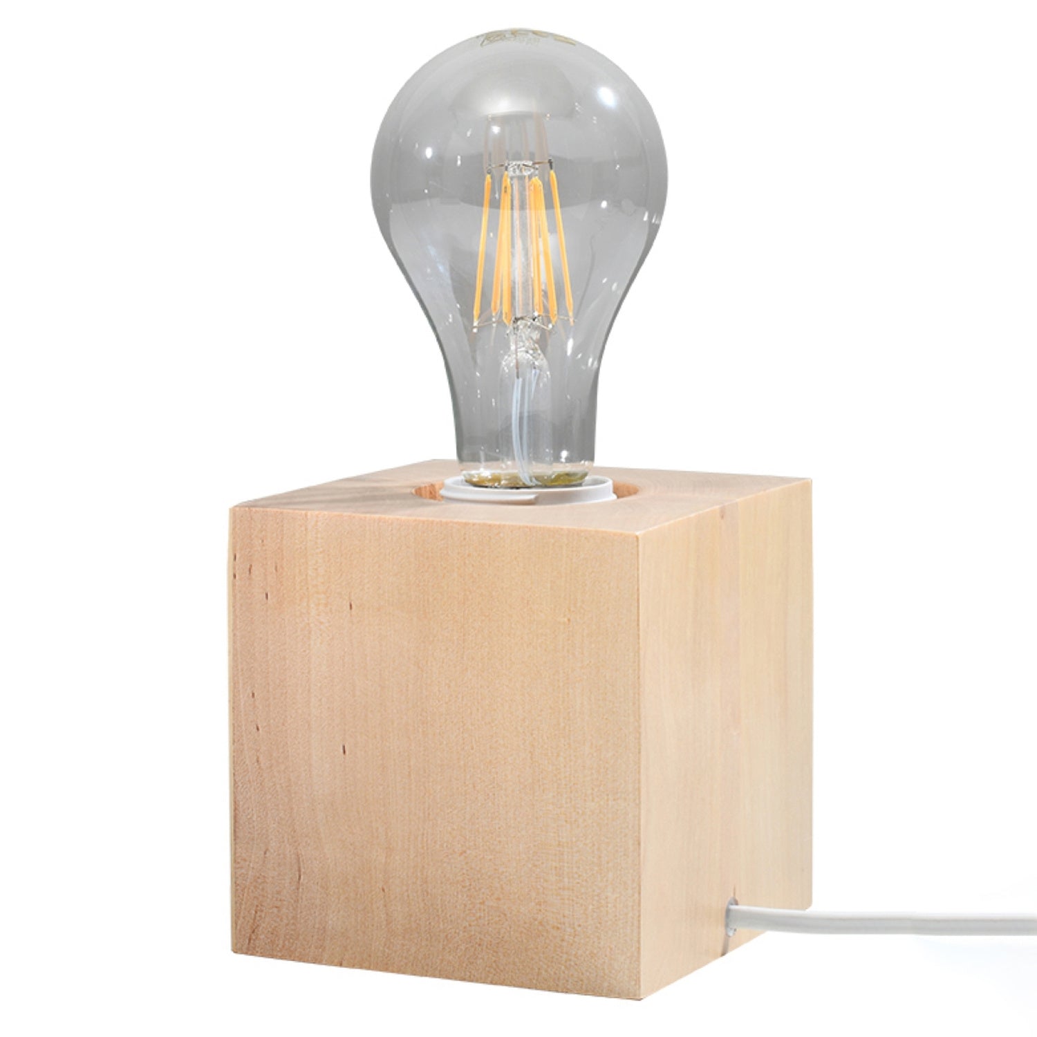 Lampe à poser Ariz en bois naturel, cube massif à ampoule apparente, vue de face
